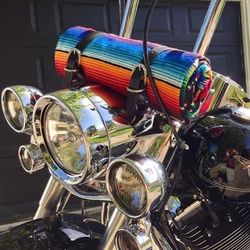 Serape bed rolls with leather strap included for Harley Davidson Soft Tail, Road King or other Harley’s.