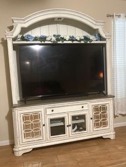 Distressed White Entertainment Center with Hutch