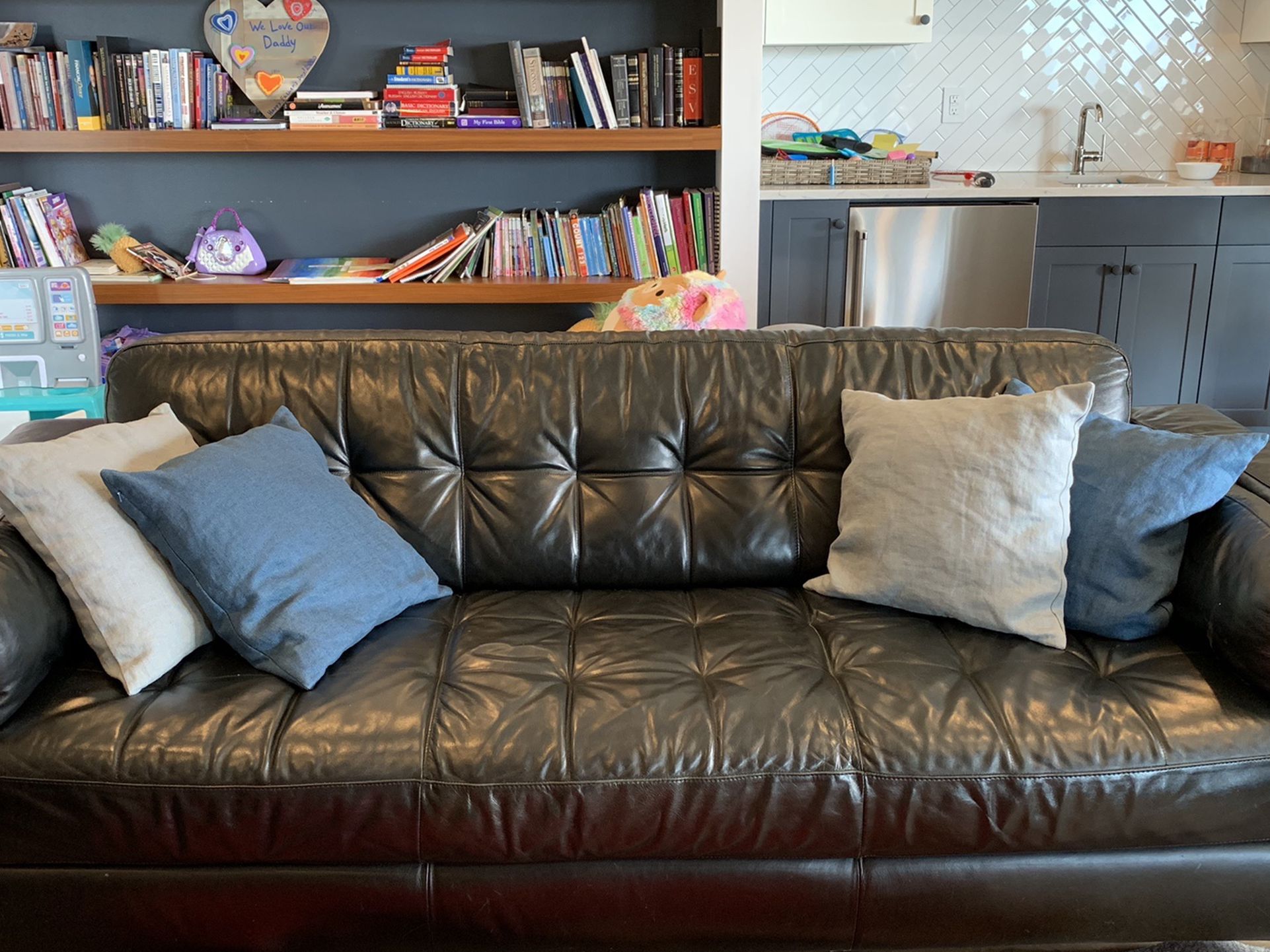 2 Piece Modern Real Black Leather Sofa & Loveseat Set