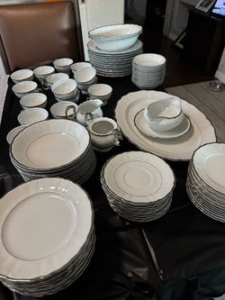 Large White Porcelain Dinnerware Set with Silver Trim