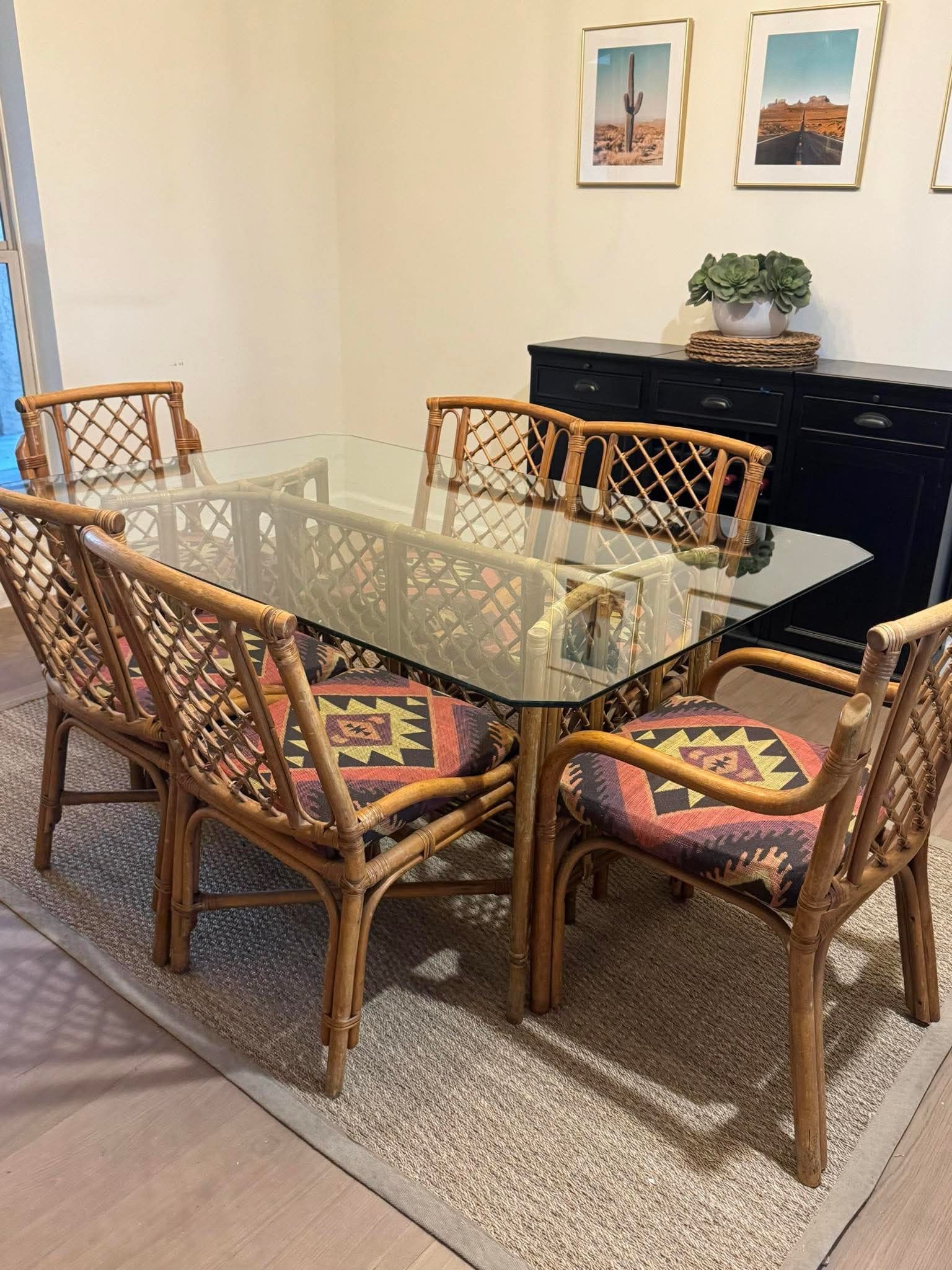 Mid Century Bamboo and Glass Top Dining Room Table
