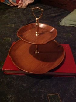 Retro walnut two tier candy dish