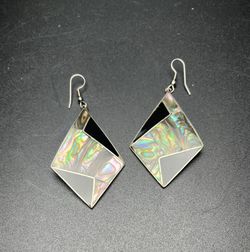 Vintage Inlay Abalone Black Enamel? Dangle Earrings Geometric Diamond Boho Hippy