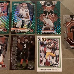 Cincinnati Bengals 7 card lot 2024 Panini Prizm Ja’Marr Chase green wave & rookie , Joe Burrow TD Masters , green mosaic etc.