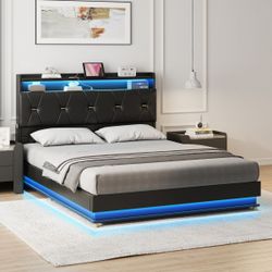 Full Size Lift Up Storage Bed Frame With Charging Station & LED Lights, Black