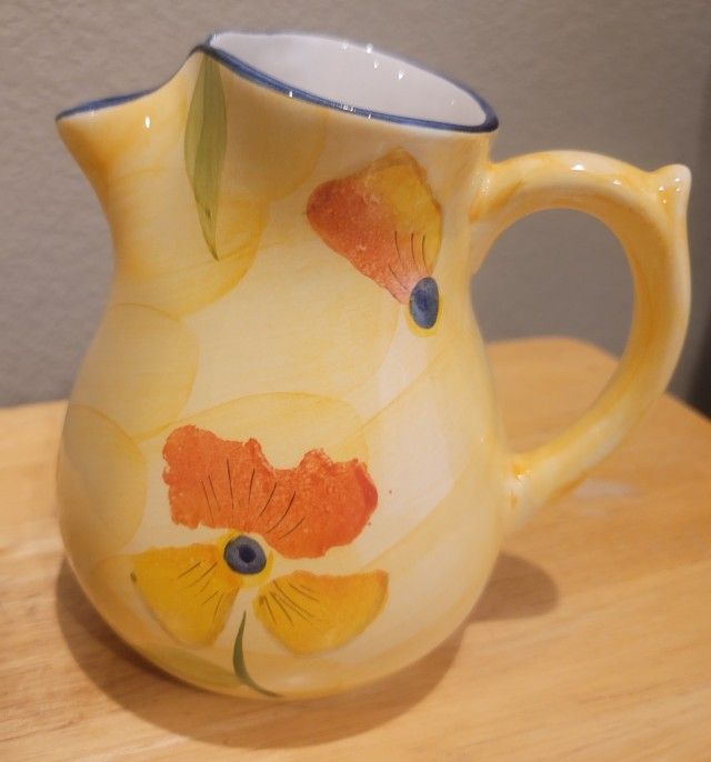 Ceramic Water Pitcher Yellow And Blue, Floral Design, 7", Curled Lip