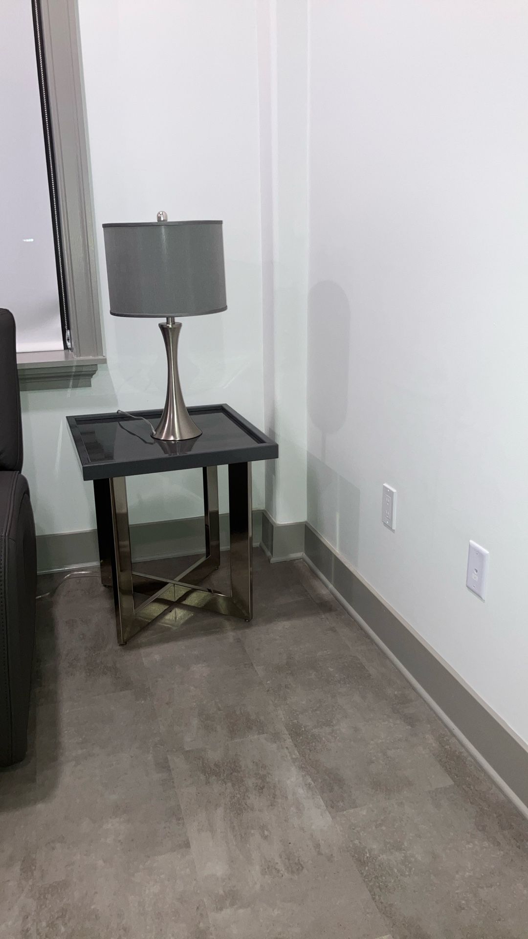 Modern Gray End Table with Brushed Nickel Lamp – Excellent Condition 