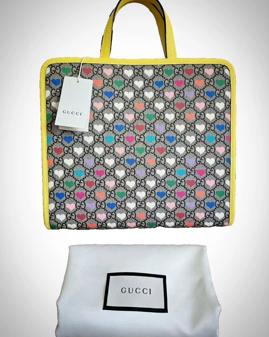 Gucci Yellow Rainbow Heart Monogram Children’s Kids Supreme Tote Bag Square GG