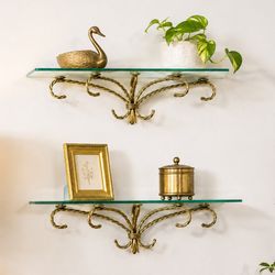 Mid Century Pair 2 Brass Metal Glass Top Wall Mounted Hanging Vintage Display Shelf  Bath Bedroom decor 