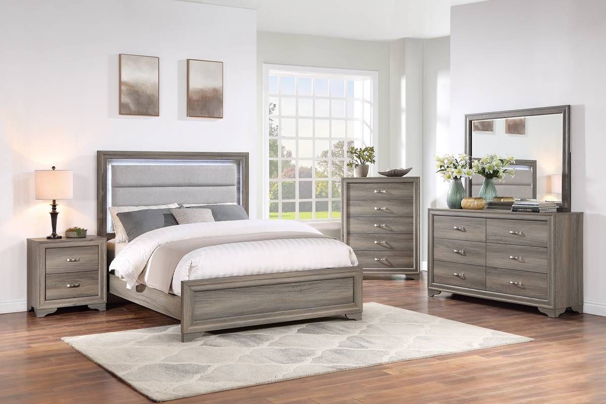 4 PCs Bedroom Set Dresser Mirror Queen Bed With Light LED & Nightstand