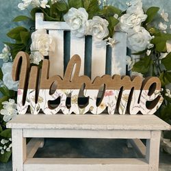Beautiful spring boho decor wooden floral Welcome standing sign