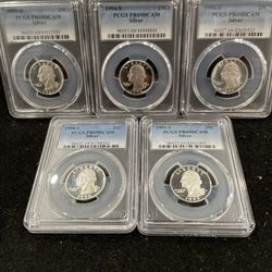 Lot Of 5 Gem Proof SILVER Washington Quarters All Graded At A near Perfect PR69 With A Deep Cameo 