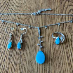 Larimar Ring, Earrings, Necklace Diamond Chips