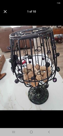 Wine Glass Cork Holder Metal Cage Purple & Green Beads 13″