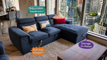 Modern Blue Sectional L-shaped Sofa | Sleeper + Storage | MUST GO (move out sale)