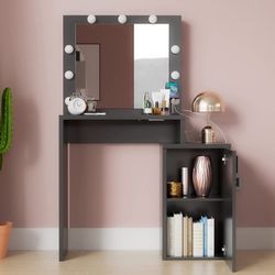 Black Vanity Desk with Charging Station, Makeup Vanity Desk with Mirror and Lights, Vanity Table for Bedroom, Living Room