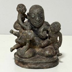 Primitive Chinese Dynasty Bronze Smiling Buddha With Children Sculpture Collection Decor