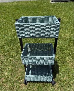 Fruit cart with 3 baskets and wheels 14 x 10.5 x 30 for sale.