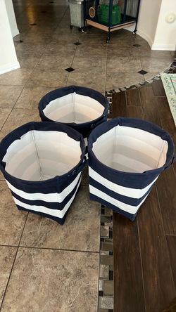 Pottery Barn Navy & White Striped Fabric Storage Baskets