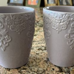 A pair of matching light Purple, Lilac, Lavender Glazed Ceramic Flower Pots, Planter with Floral Patterns $8 each $15 both