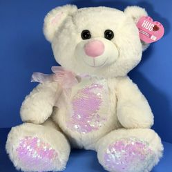 Reversible Sequins Teddy Bear Plush NEW! Stuffed Animal Ivory w/Pink Bow 18"