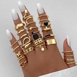 Set lot of 26 gold with heart black enamel women's ladies ring rings Gift
