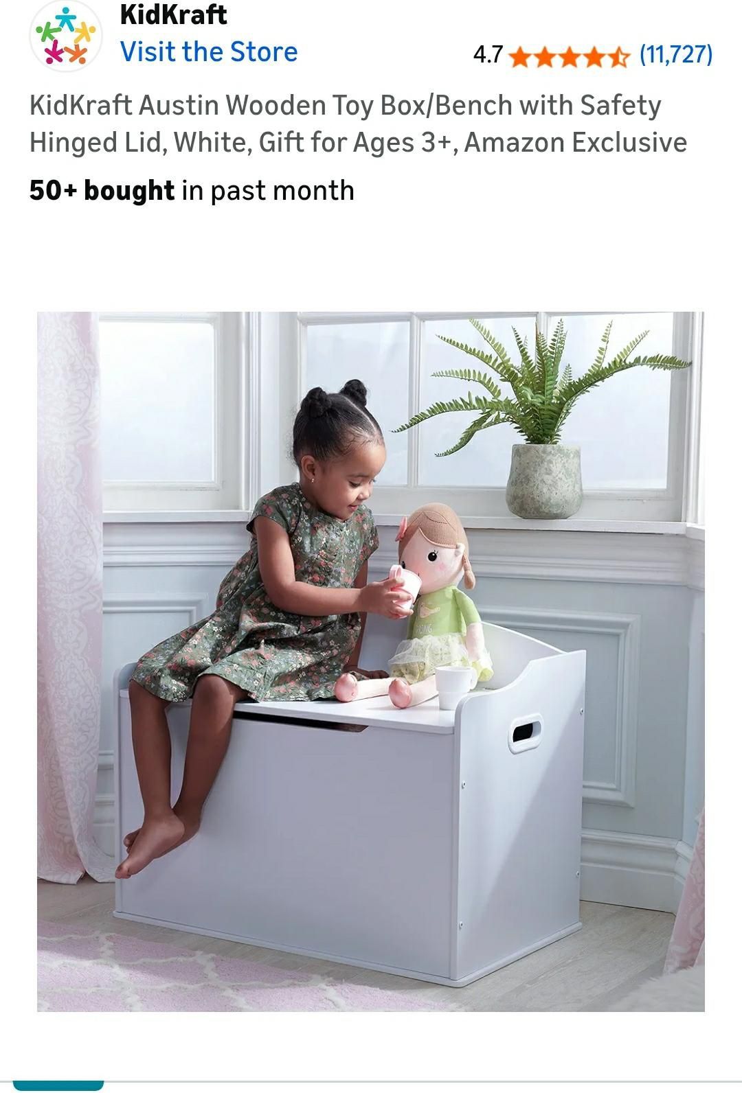White Wooden Toy box/bench - with Safety Hinged Lid
