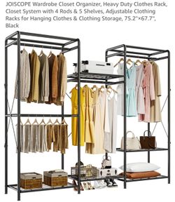 JOISCOPE Wardrobe Closet Organizer, Heavy Duty Clothes Rack, Closet System with 4 Rods & 5 Shelves