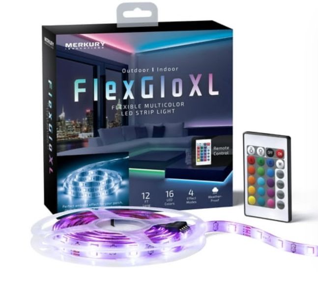 FlexGlo XL 13.1ft RGB 120 LED Strip Light Weatherproof Coating 24key Remote Control 12V Power Adapter