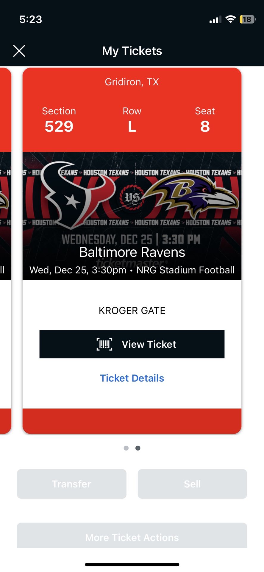 Texans Vs Ravens Section 529 (2) Tickets