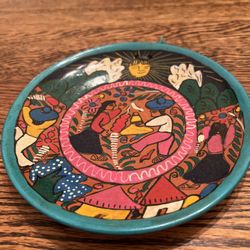 Mexico Folk Art Clay Painted Plate Wall Hanging 6 1/4”