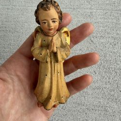 Vintage Hand-Carved Wooden Angel Figurine 3.5” Praying Angel Gold Wings