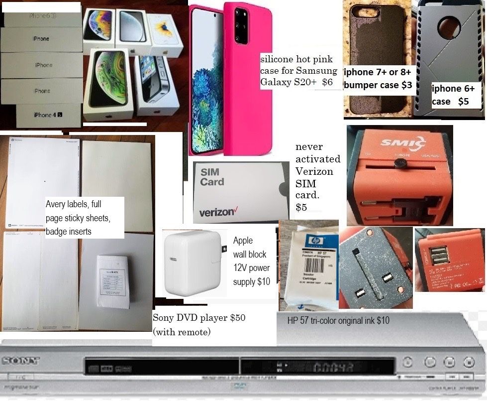 DVD player, Apple 12W wall power supply charging block, empty boxes, iphone/Samsung phone cases, Verizon Sim card, international travel adapter, webca