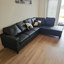 New Black Leather Sectional Couch Set With Ottoman 