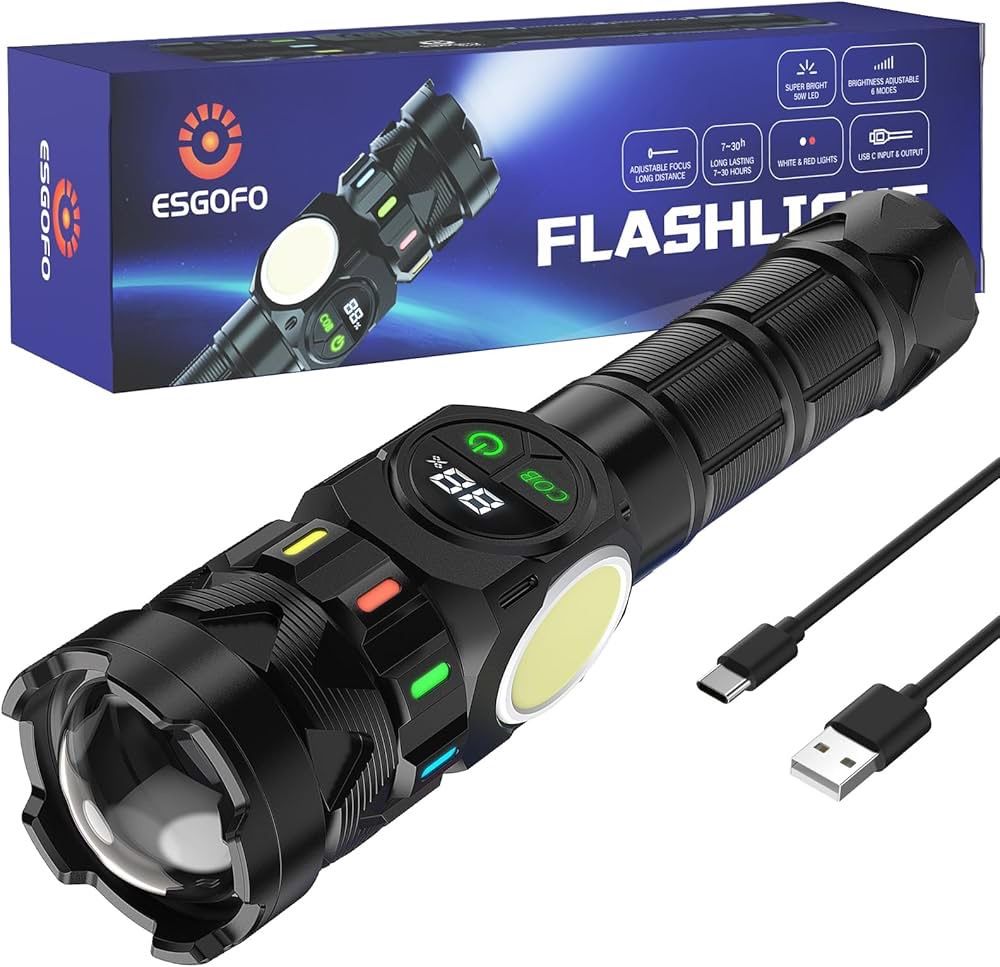 Rechargeable Flashlights High Lumens 10000 Long Distance, Super Bright LED Flash Light Long Lasting USB C LCD Display, Double Light Source & Buttons w