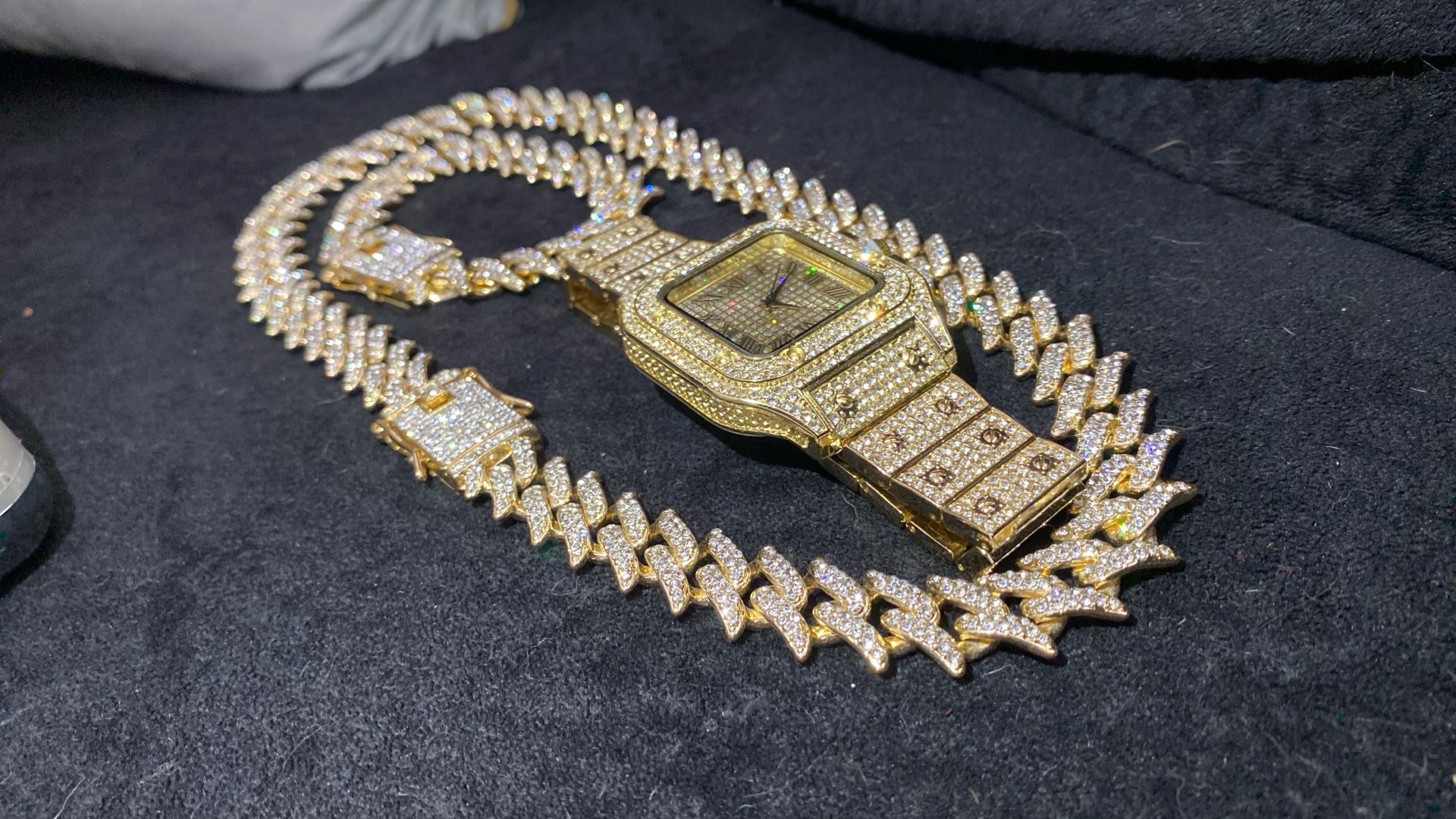 Yellow Three-Piece Set With A Lab Ice Stones Chain 20 Inch