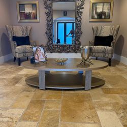 Living room chairs, table and mirror