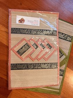 Natural reed dinner meals placemats coaster set pink green