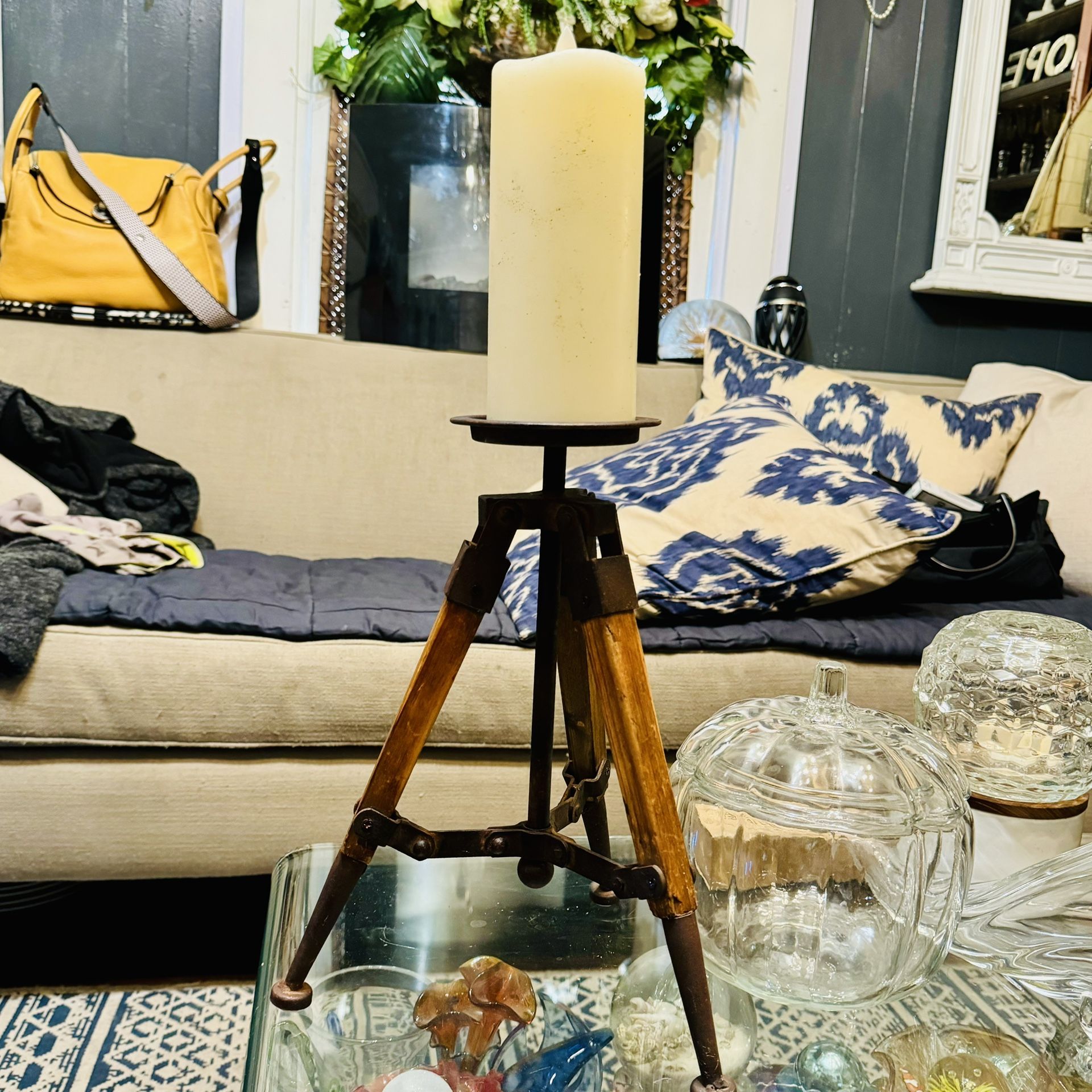 12" Vintage Rustic Metal and Old Wood Tripod Pillar Candle Holder