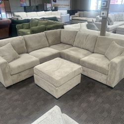 Beige Taupe Comfy Sectional And Ottoman
