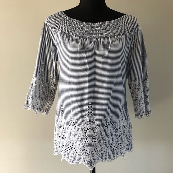 Womens Tribal Jeans off Shoulder Blue White Striped Embroidered top size S