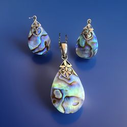 Teardrop Abalone Shell Indonesia Sterling Silver Pendant Necklace & Earrings
