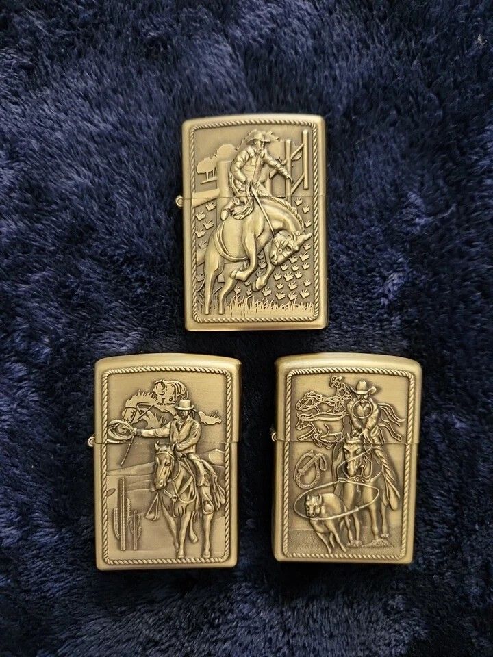 3D Carved Cowboy Horseback Riding Rodeo Bull Rope Lot 3 Lighters, Windproof