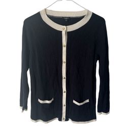 Talbots Black & Cream Trimmed Knit Cardigan Sweater Gold Buttons Ribbed Sz Small  Comes from a pet and smoke free home.  Measurements are in the pi. E