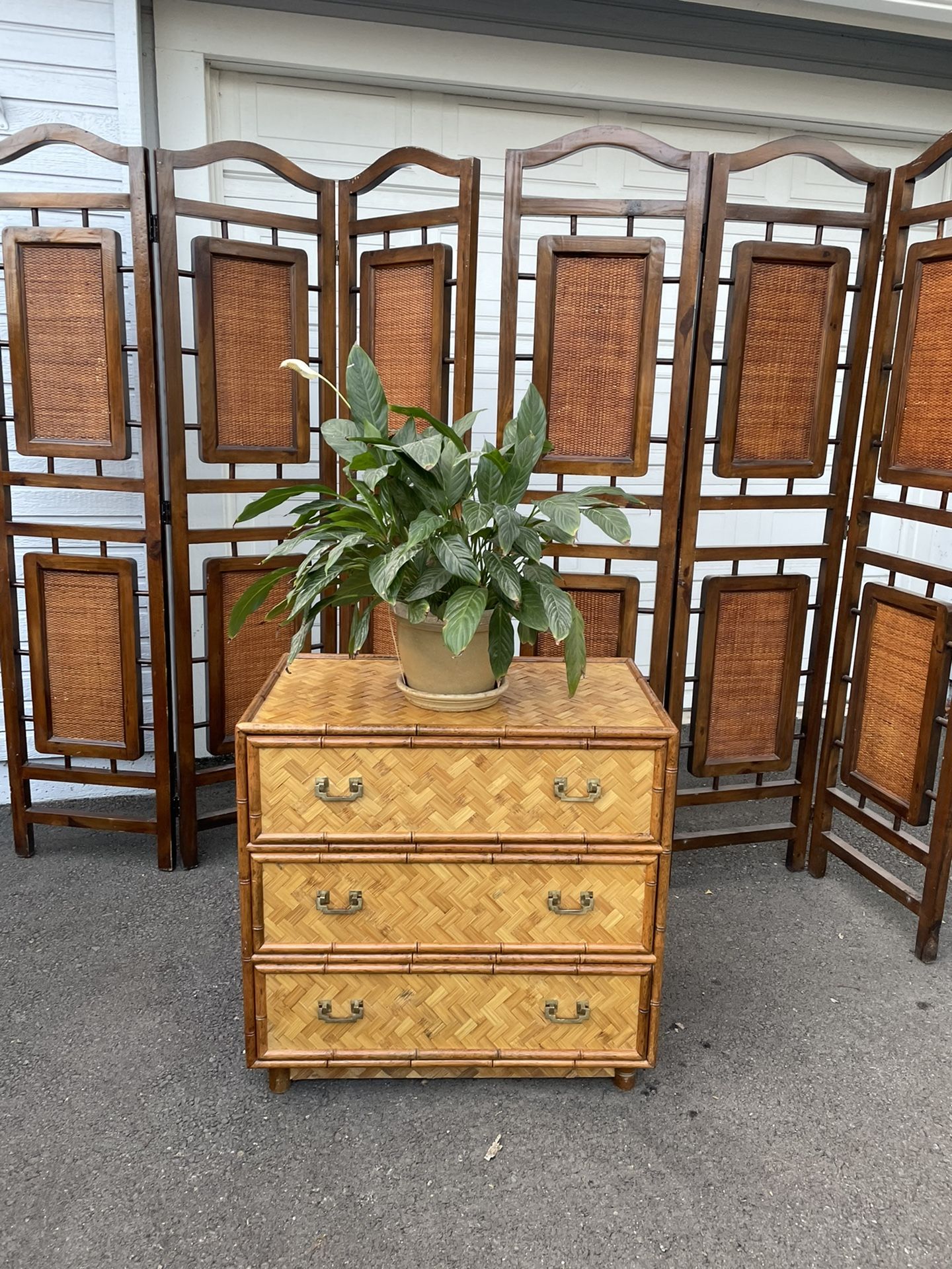 Mid Century Woven Herringbone Rattan Faux Bamboo 3 Draw Dresser With Brass Handles