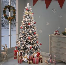 New in Box - 6 FT Snow Flocked Green Spruce Tree w/ Lights - 300569