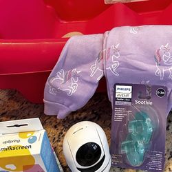 Baby Tub, Moby Video Monitor, Bubble Wand, Binkys, Book, Snowsuit, Breastmilk Alcohol Test Strips