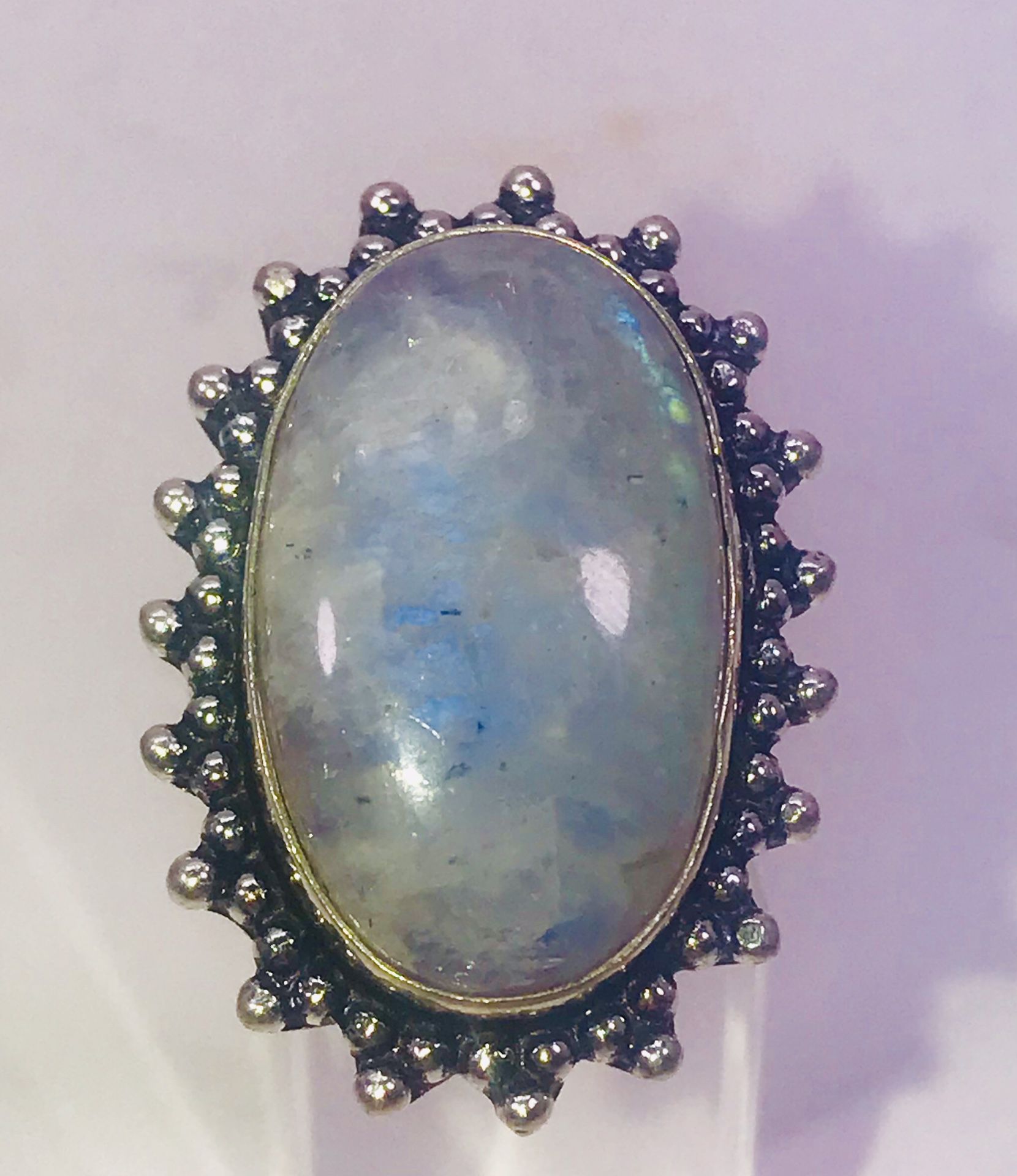 Natural fiery blue rainbow 🌈 moonstone large oval stone & .925 stamped sterling silver embellished ring size 7 NEW!