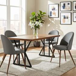 Homy Casa Leonard + Haven 5PC Dining Set 63" Table with 4 Grey Fabric Chairs Walnut Finish