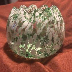 Green + White Touch Of Orange Splatter Glass Rose Bowl Crimped Rim